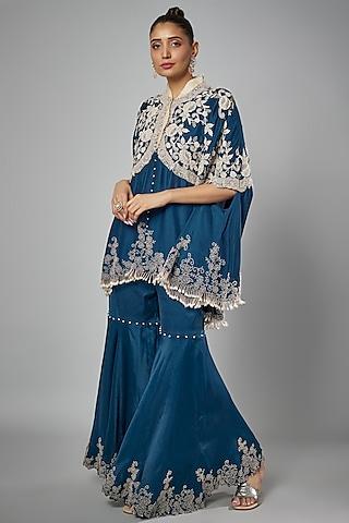 peacock blue dupion embroidered cape set