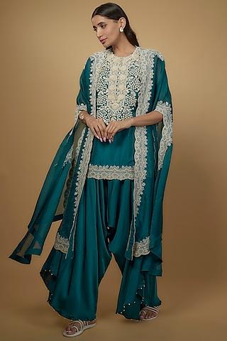 peacock blue dupion embroidered cape set