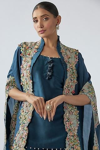 peacock blue dupion embroidered cape set