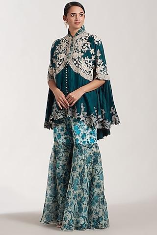 peacock blue dupion embroidered cape set