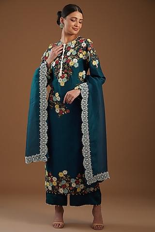 peacock blue dupion embroidered kurta set