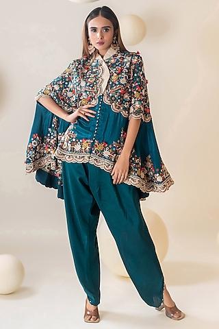 peacock blue dupion floral resham & zardosi embroidered cape set