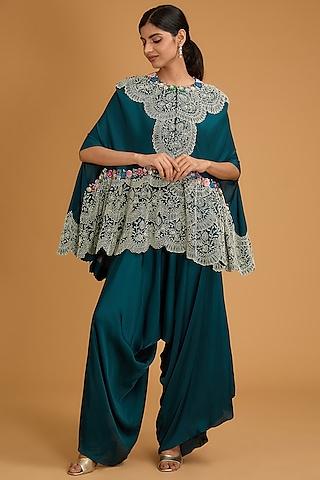 peacock blue dupion pearl work cape set