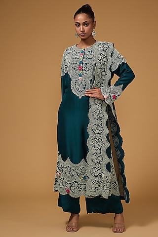 peacock blue dupion pearl work long kurta set