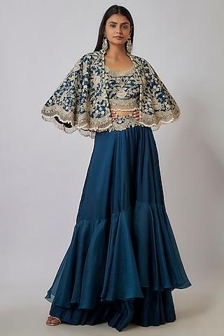 peacock blue dupion thread work cape set