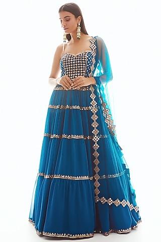 peacock blue embroidered anarkali with dupatta