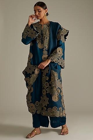 peacock blue embroidered kurta set