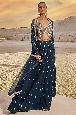 peacock blue georgette boota embellished cut-out anarkali set