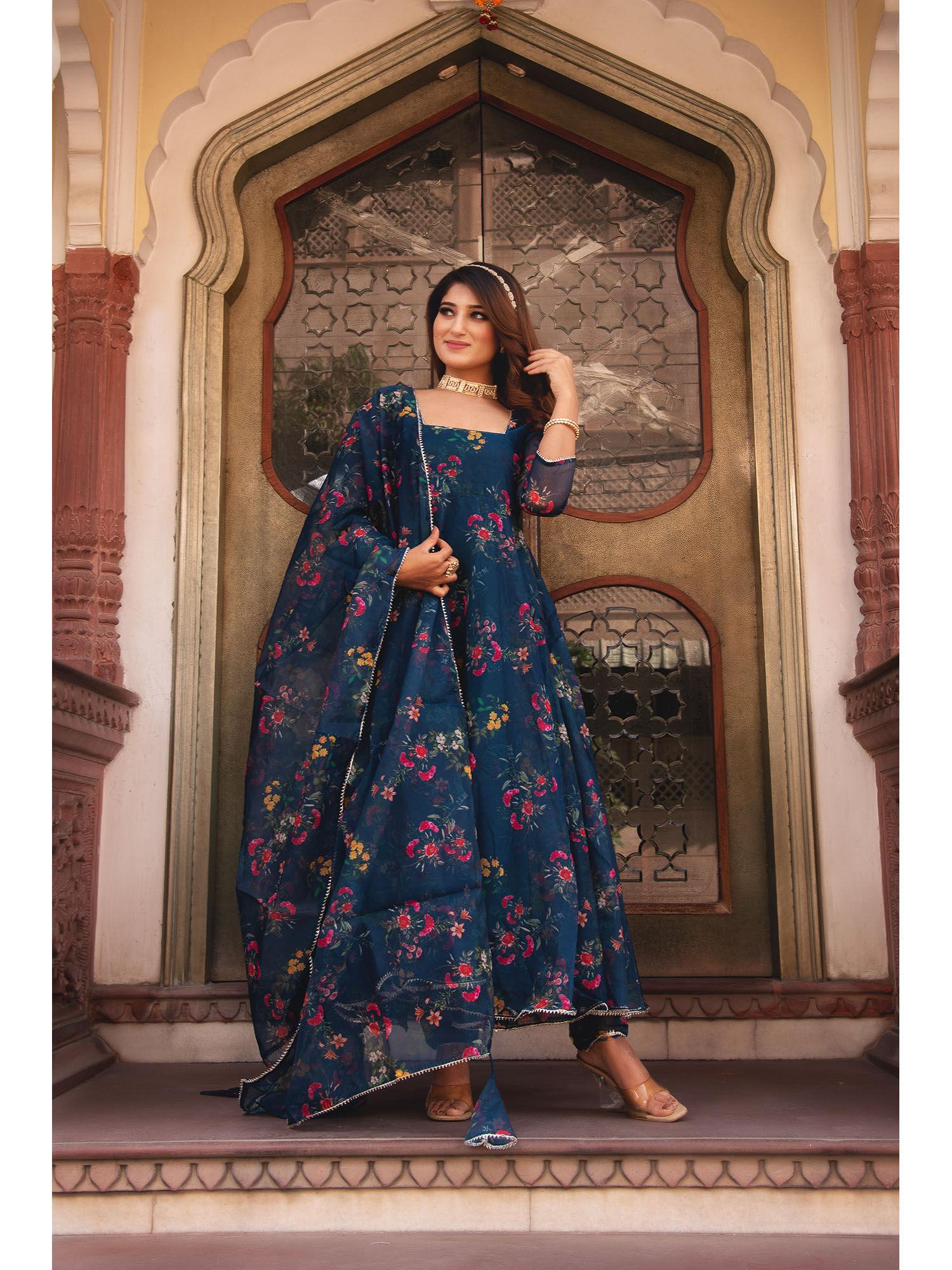 peacock blue gotapatti organza anarkali suit set (set of 3)