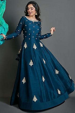 peacock blue handcrafted anarkali set