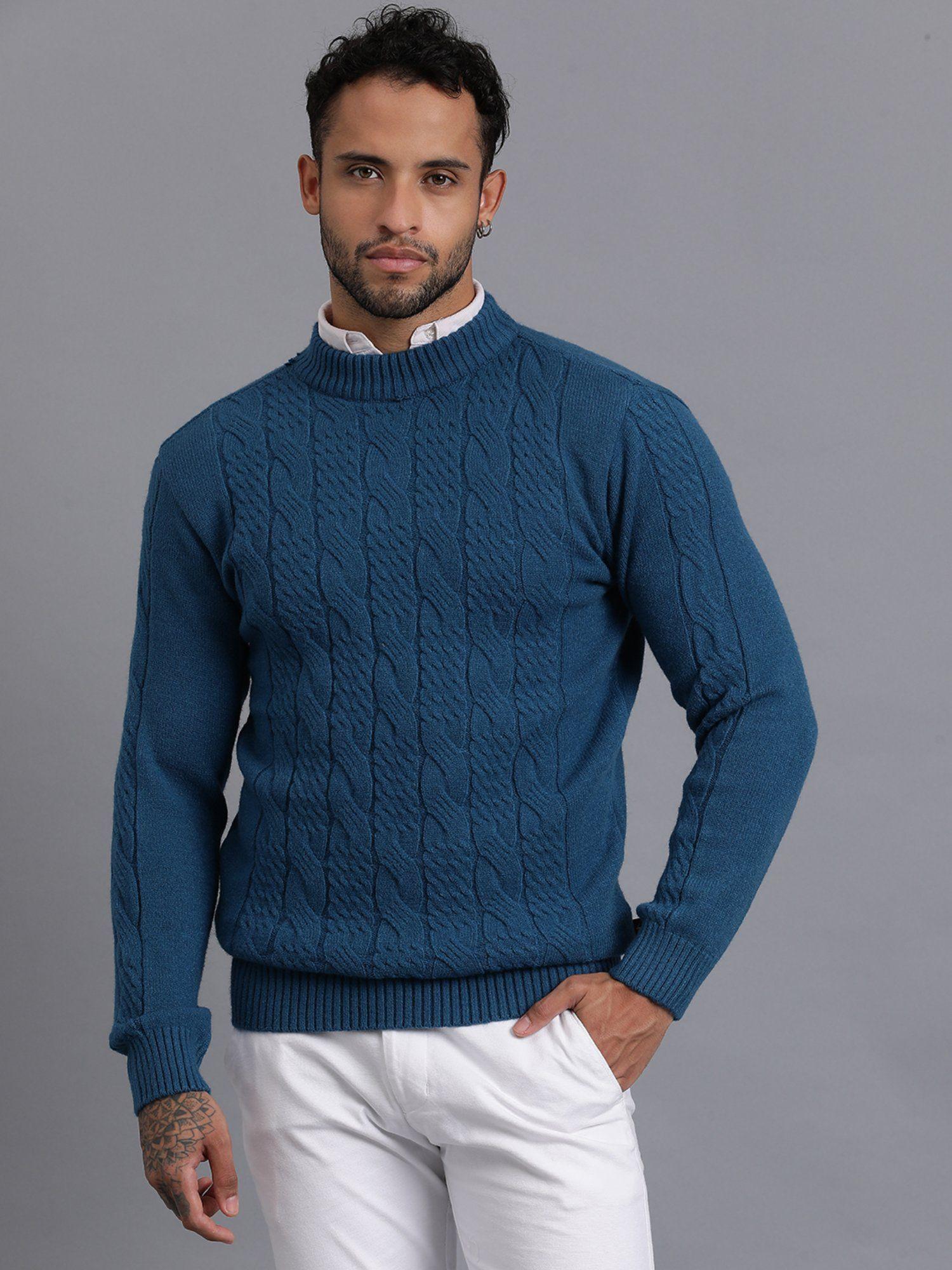 peacock blue luxury heavy cable knitted mens wool pullover sweater