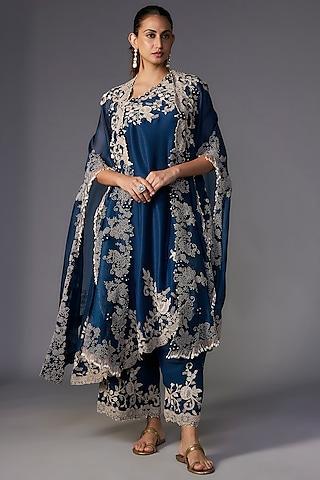 peacock blue organza pearl & lace embroidered cape set