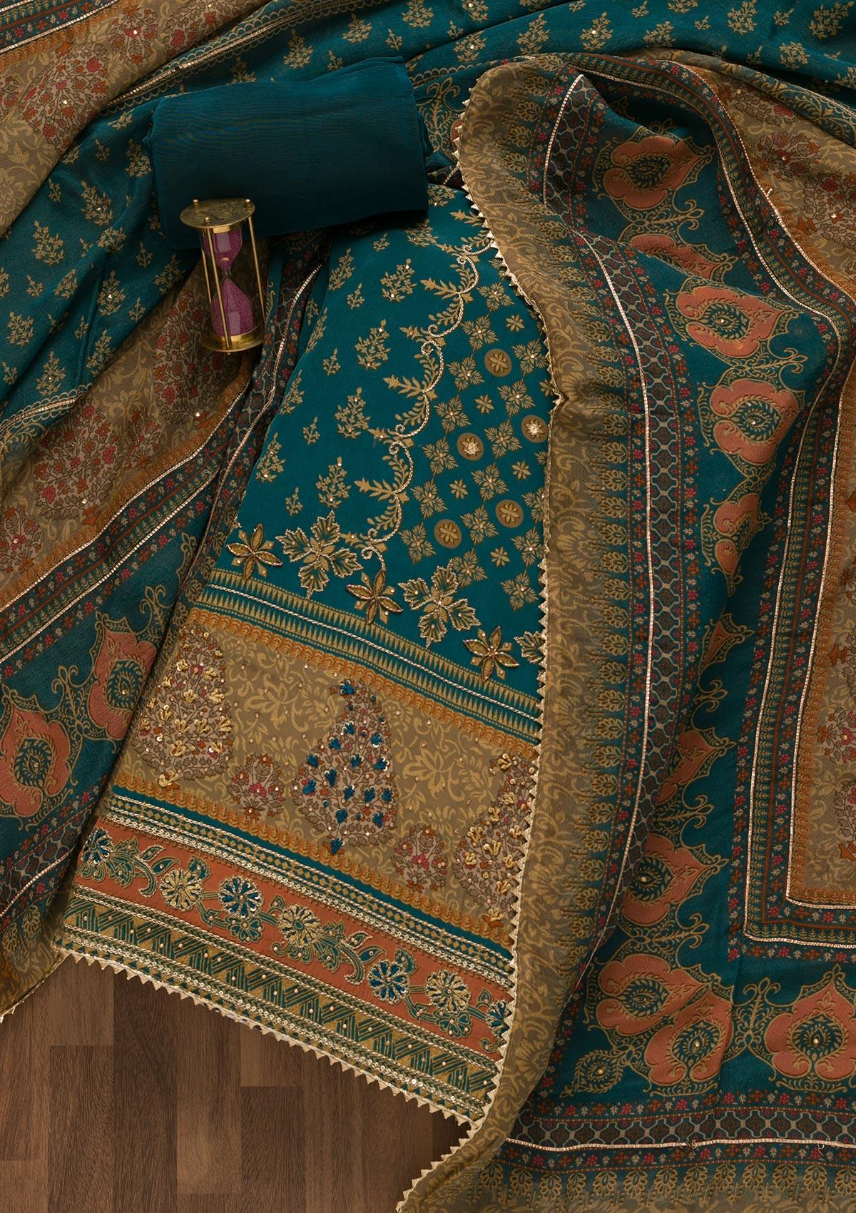 peacock blue printed crepe unstitched salwar suit