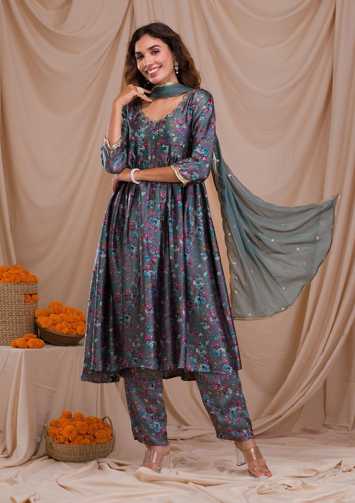 peacock blue printed semi crepe readymade salwar suit