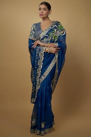 peacock blue raw silk & handloom organza embroidered saree set