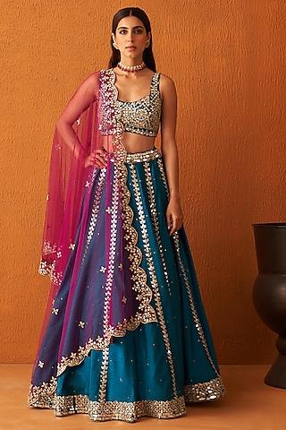 peacock blue raw silk embroidered lehenga set