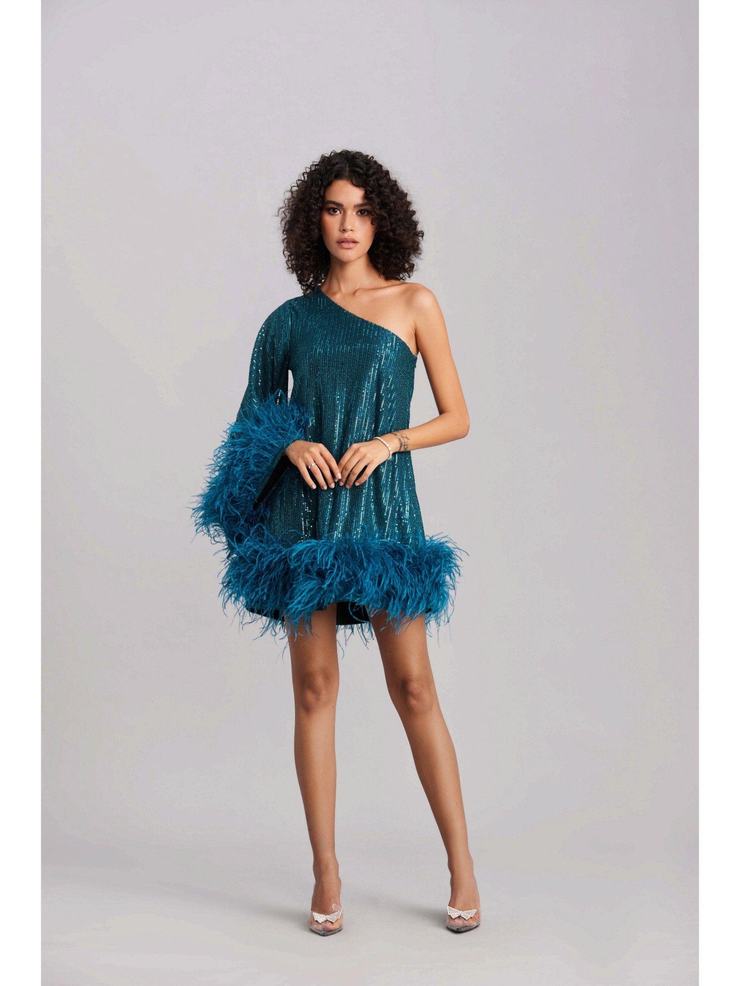 peacock blue sequin feather mini dress