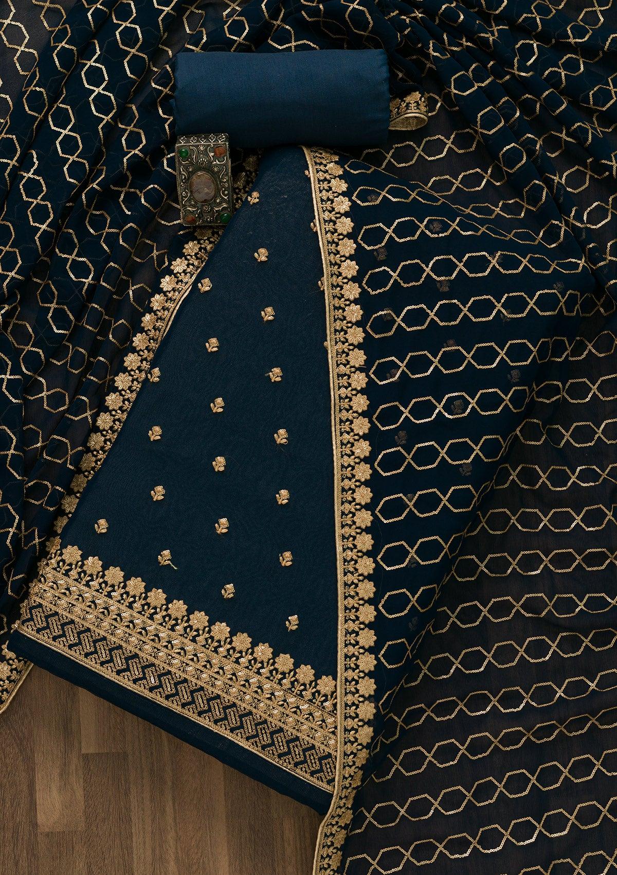 peacock blue sequins georgette unstitched salwar suit