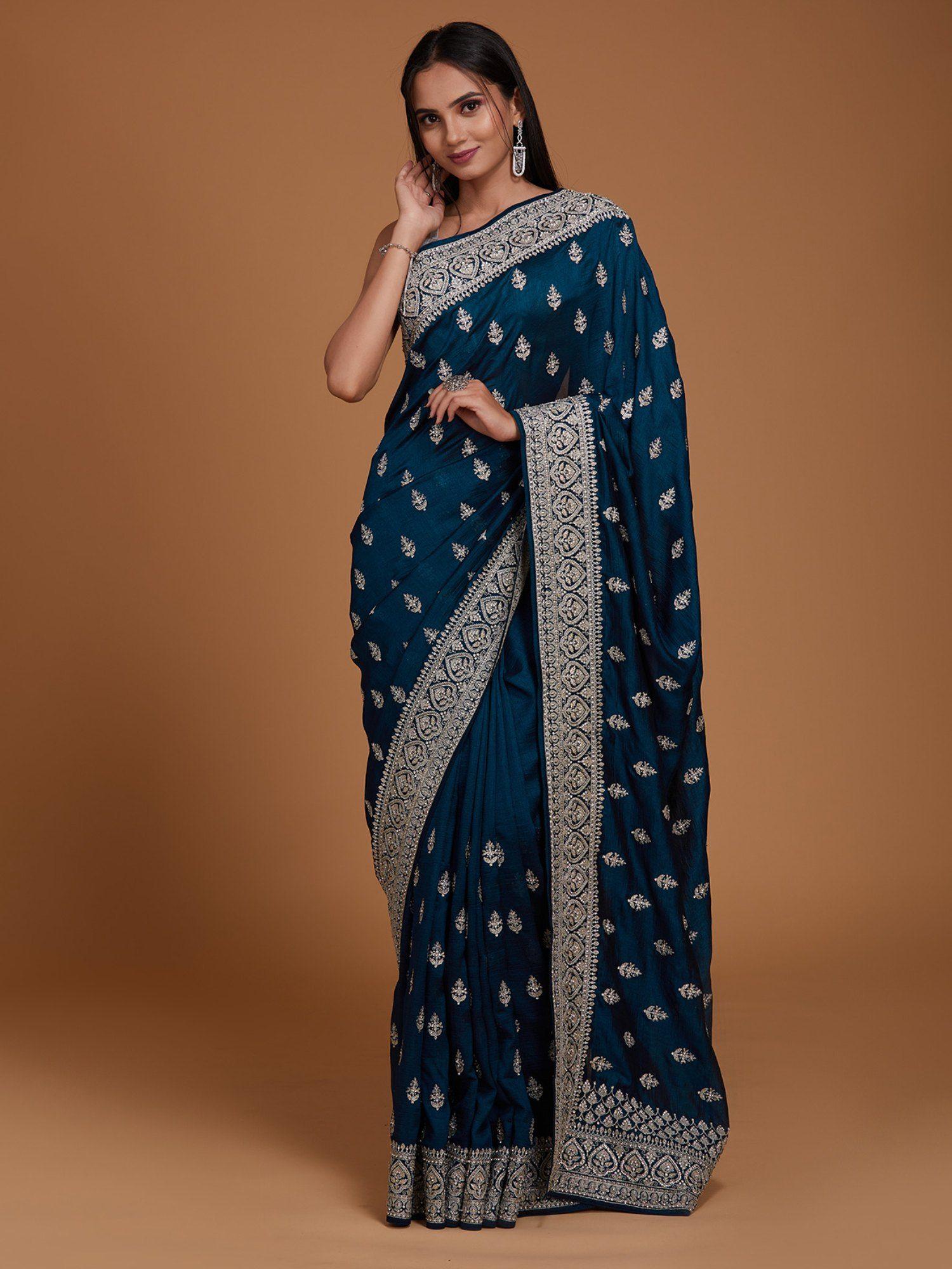 peacock blue silver stonework raw silk saree with unstitched blouse