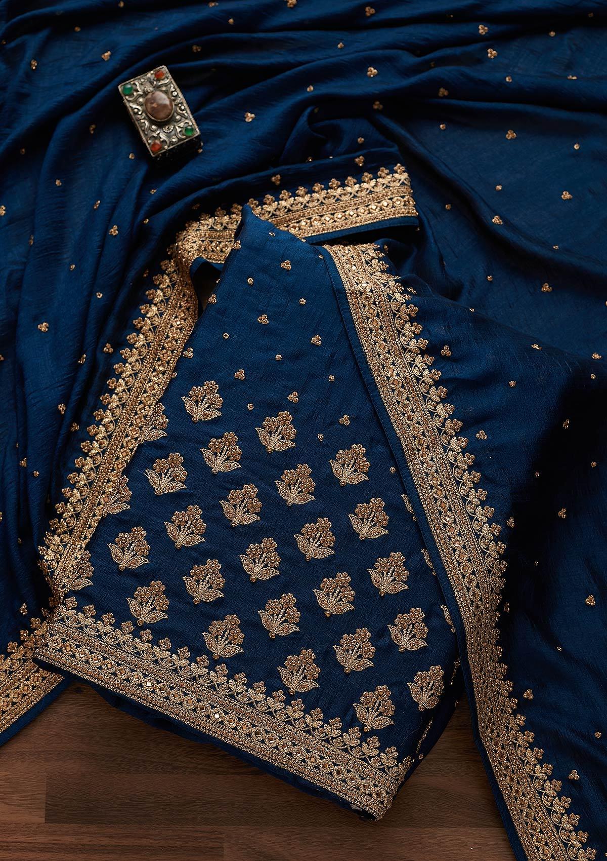 peacock blue stonework art silk unstitched salwar suit