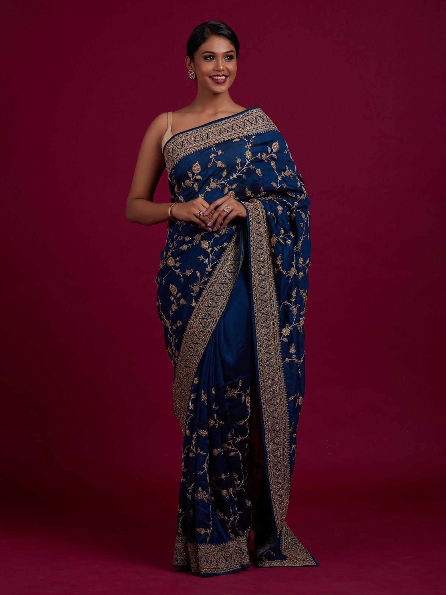peacock blue stonework raw silk designer saree with unstitched blouse