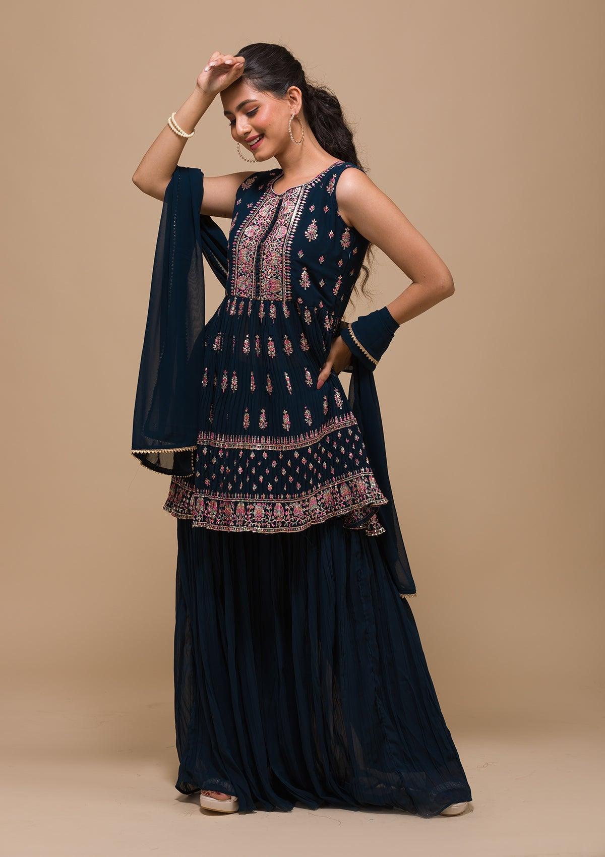 peacock blue threadwork georgette readymade sharara suit