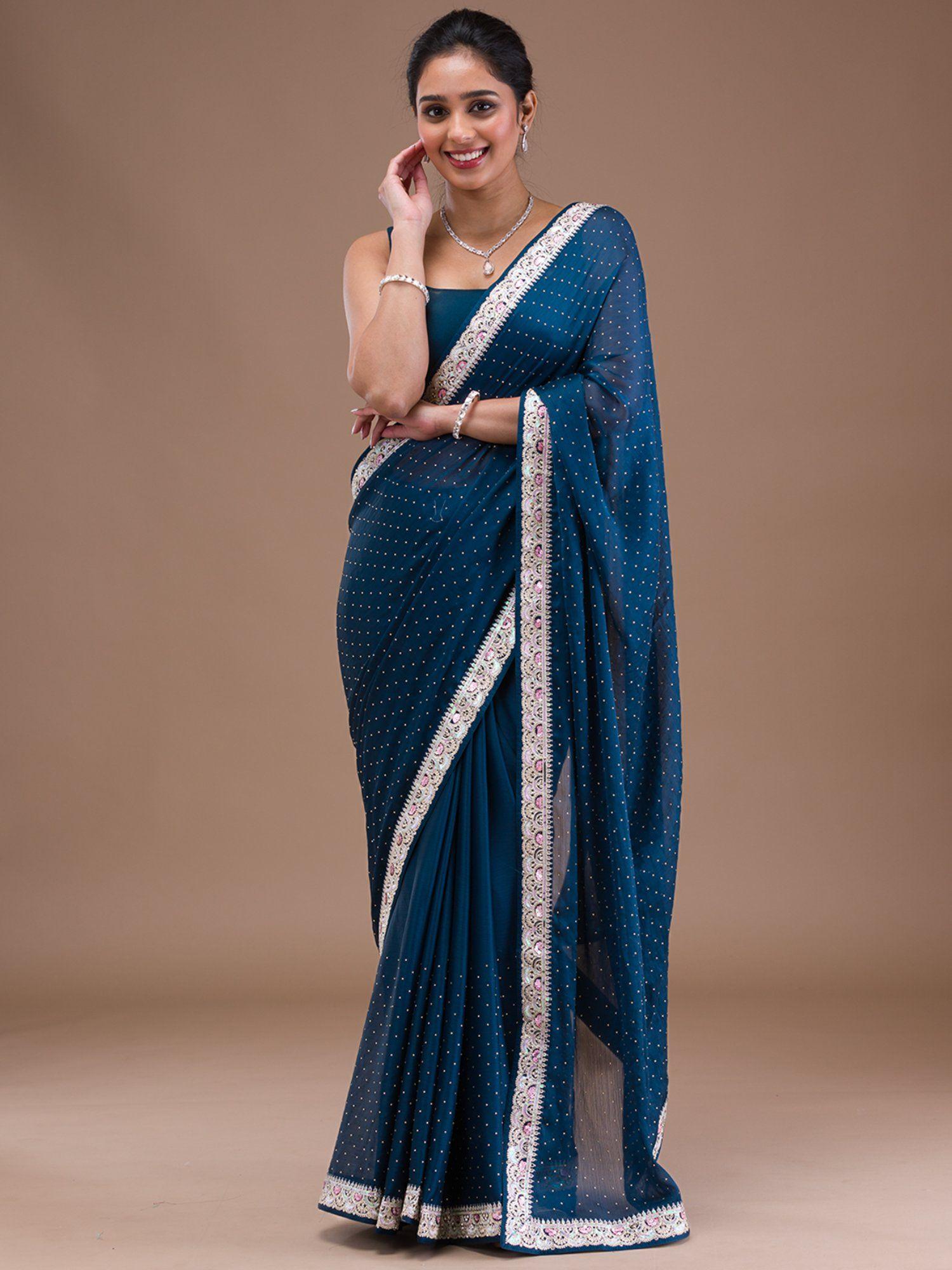 peacock blue zari work semi crepe saree with unstitched blouse