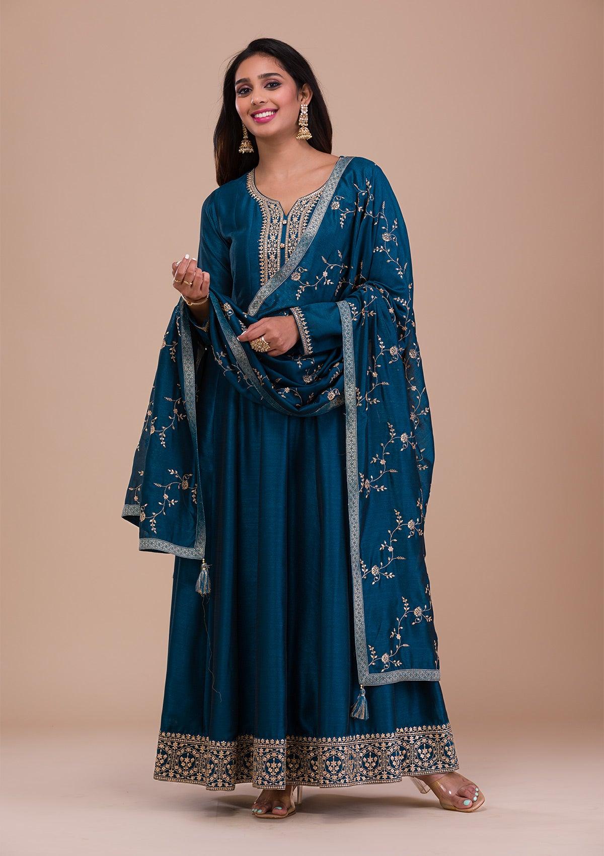 peacock blue zariwork art silk readymade anarkali suit