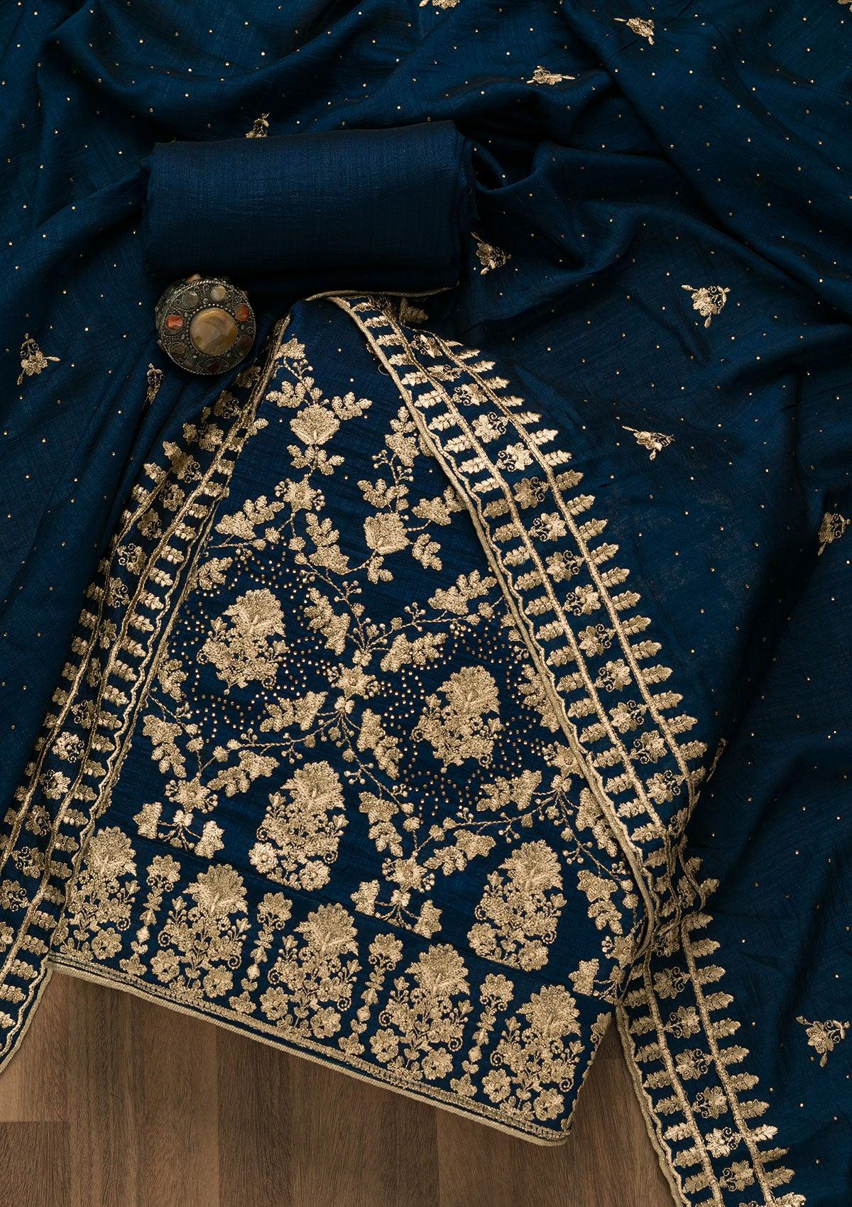 peacock blue zariwork raw silk unstitched salwar suit