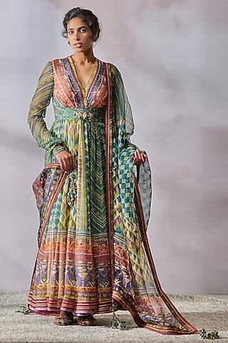 peacock colored textured cotton phulkari printed anarkali set