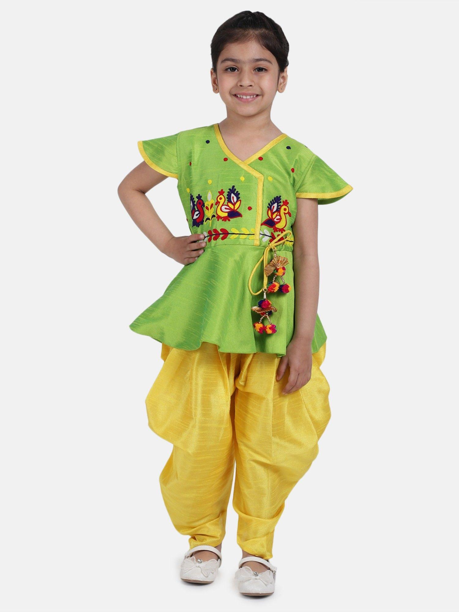 peacock embroidery peplum dhoti for girls- green (set of 2)
