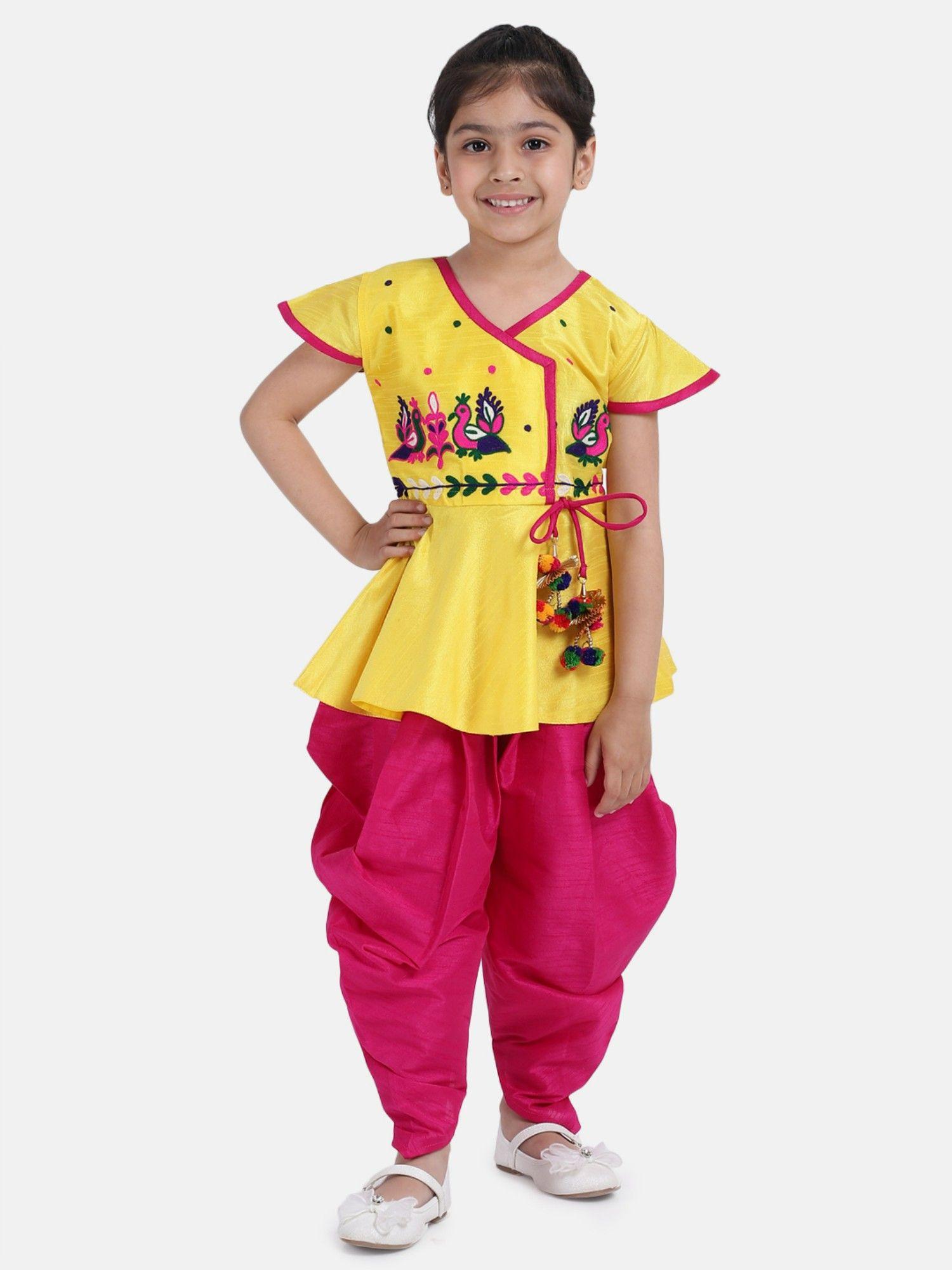 peacock embroidery peplum dhoti for girls- yellow (set of 2)