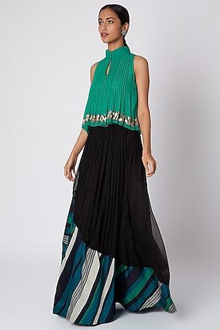 peacock green embroidered top with black skirt & belt