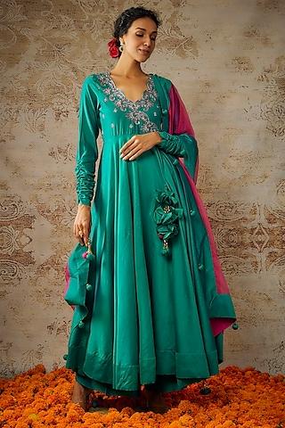 peacock green handwoven chanderi hand embroidered anarkali set