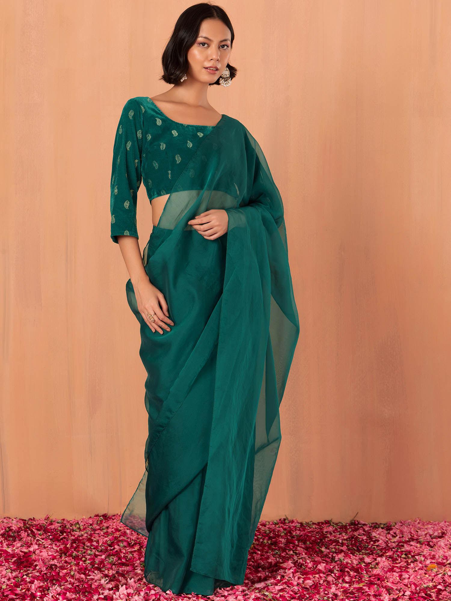 peacock green ruffled ready to wear saree without blouse