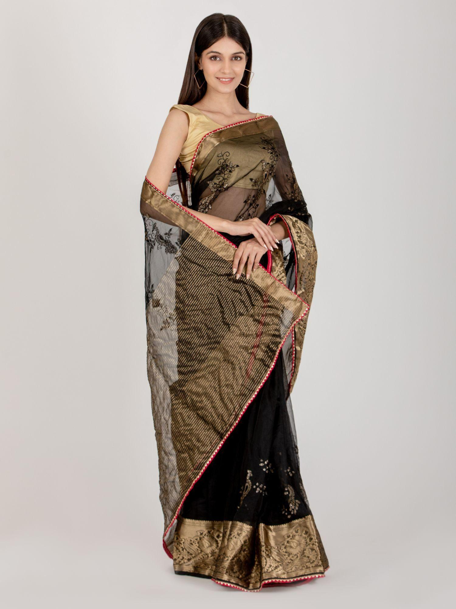 peacock midnight black saree with unstitched blouse