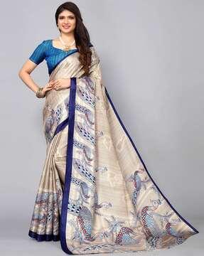 peacock print saree with contrast border