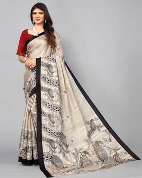 peacock print saree with contrast border