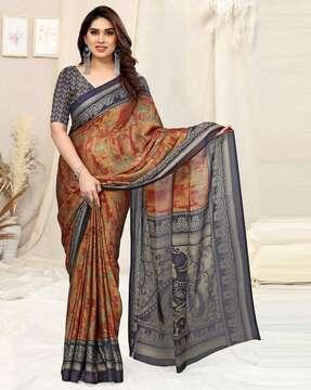 peacock print saree with unstitched blouse piece