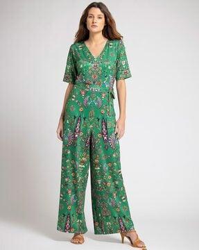 peacock print v-neck jumpsuit with waist tie-up