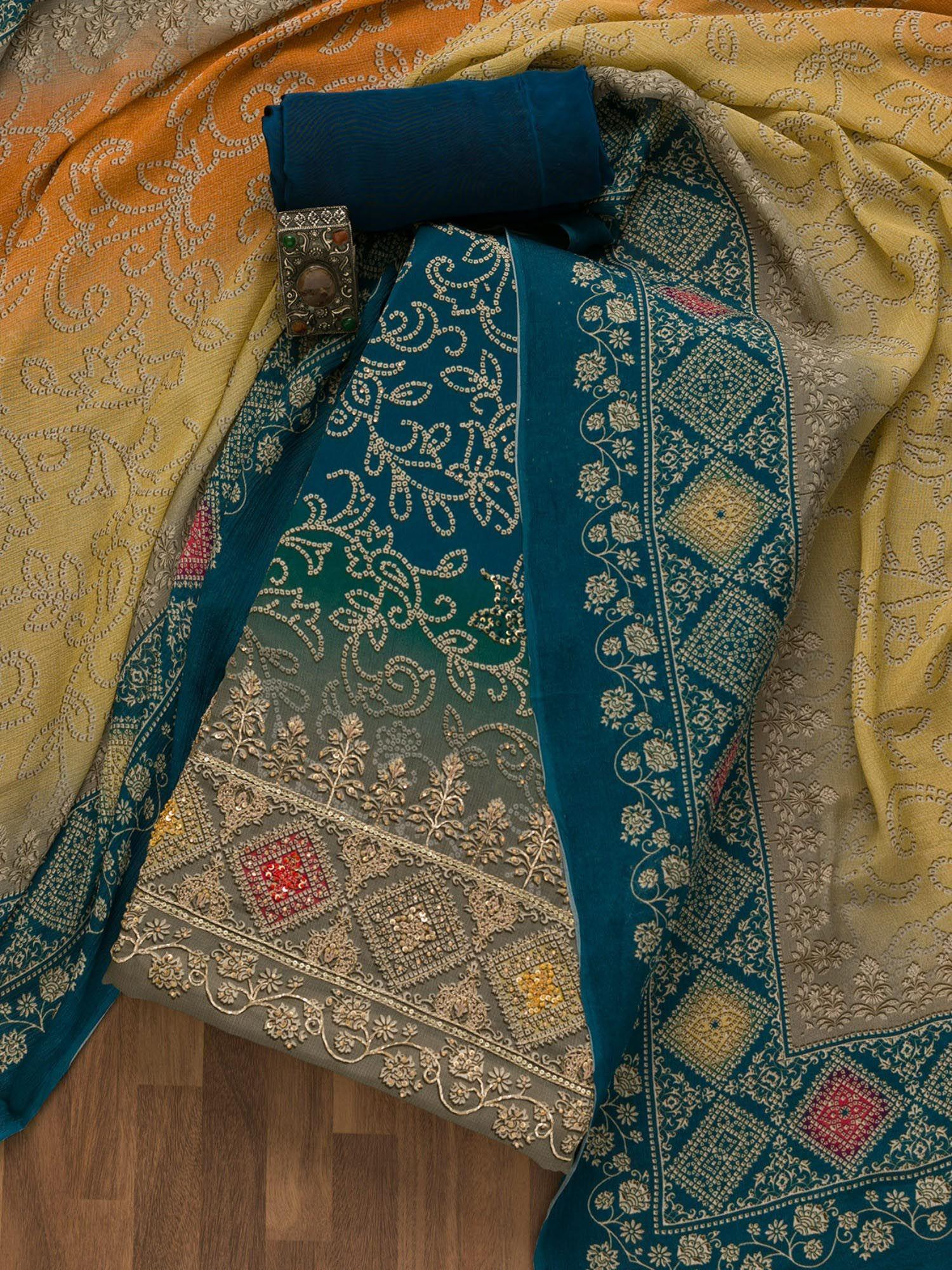 peacock teal blue bandhani crepe unstitched salwar suit (set of 3)