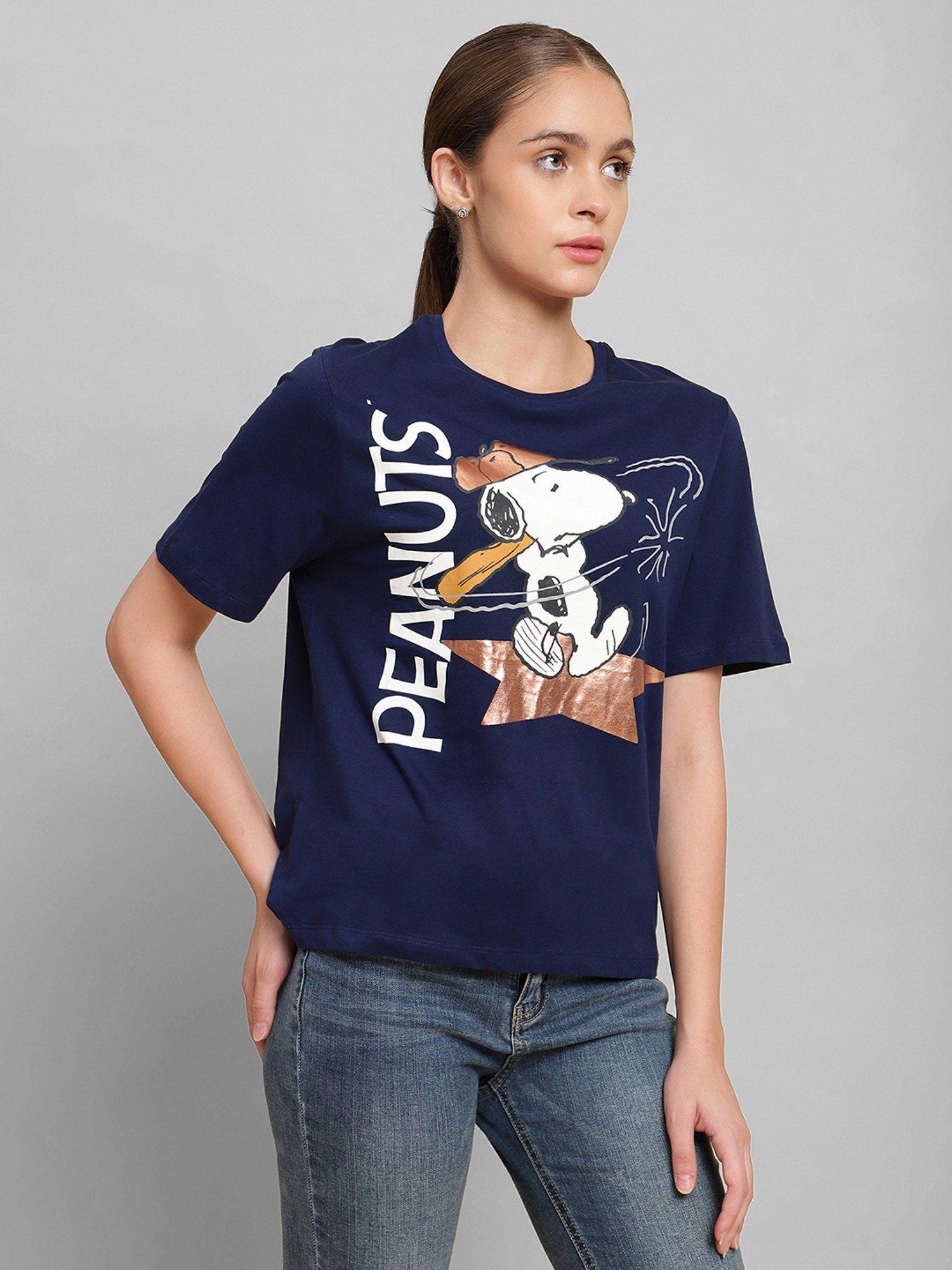 peanuts printed regular fit blue cotton women t-shirt