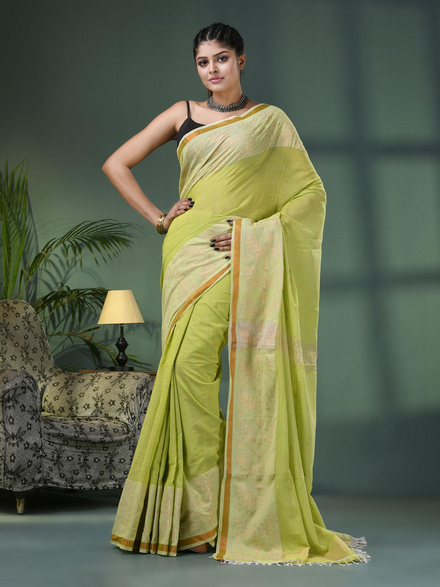 pear green cotton jacquard border handloom saree with unstitched blouse