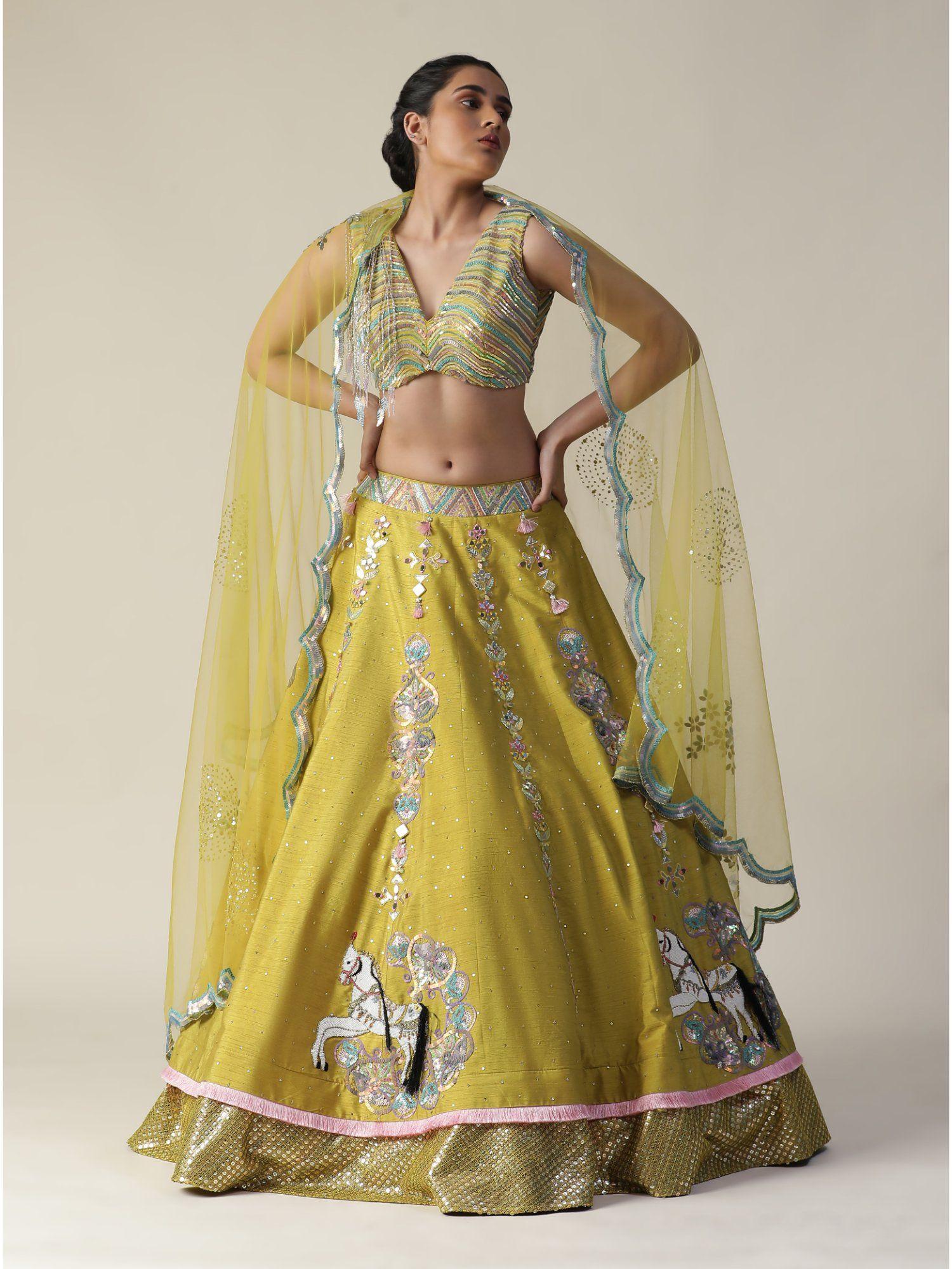 pear yellow raw silk heavy embroidered lehenga (set of 3)