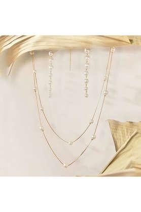 pearl charms gold-toned double layered necklace & pearl drop western earrings