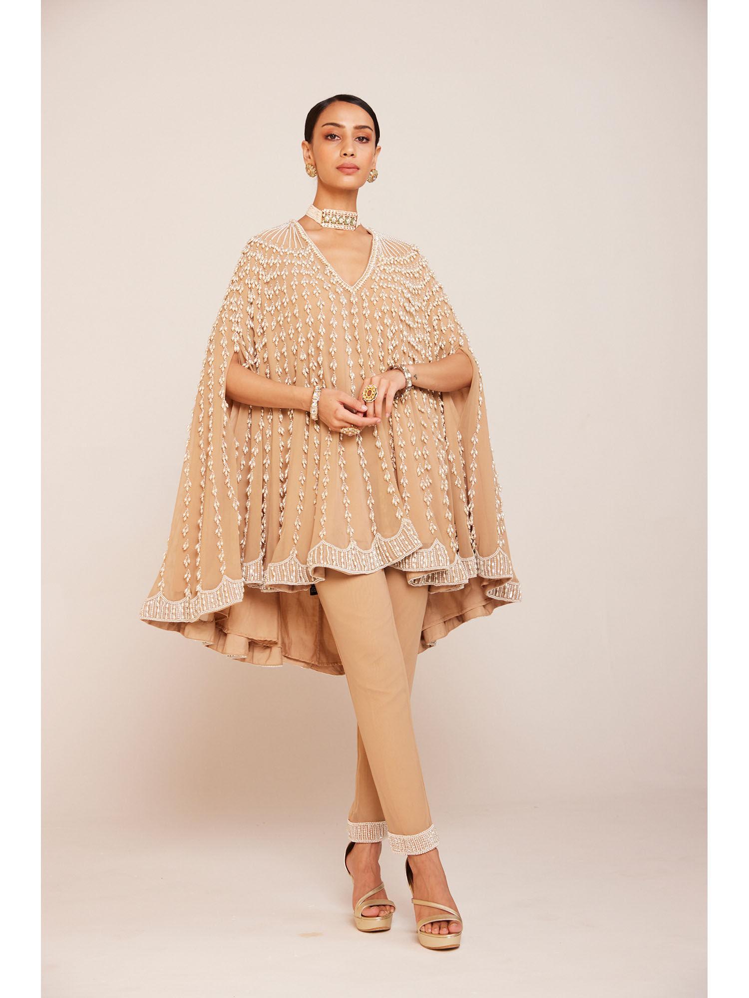 pearl embellished beige asymmetrical cape paired with pant (set of 2)