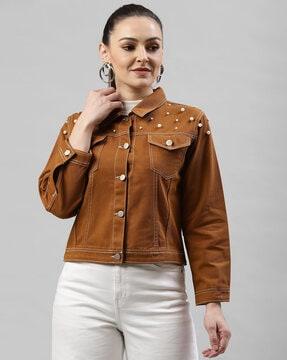 pearl embellished button-front jacket