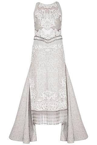 pearl grey embroidered pencil gown