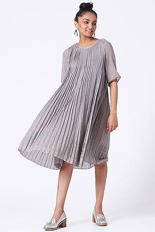 pearl grey hand block printed pleated dress