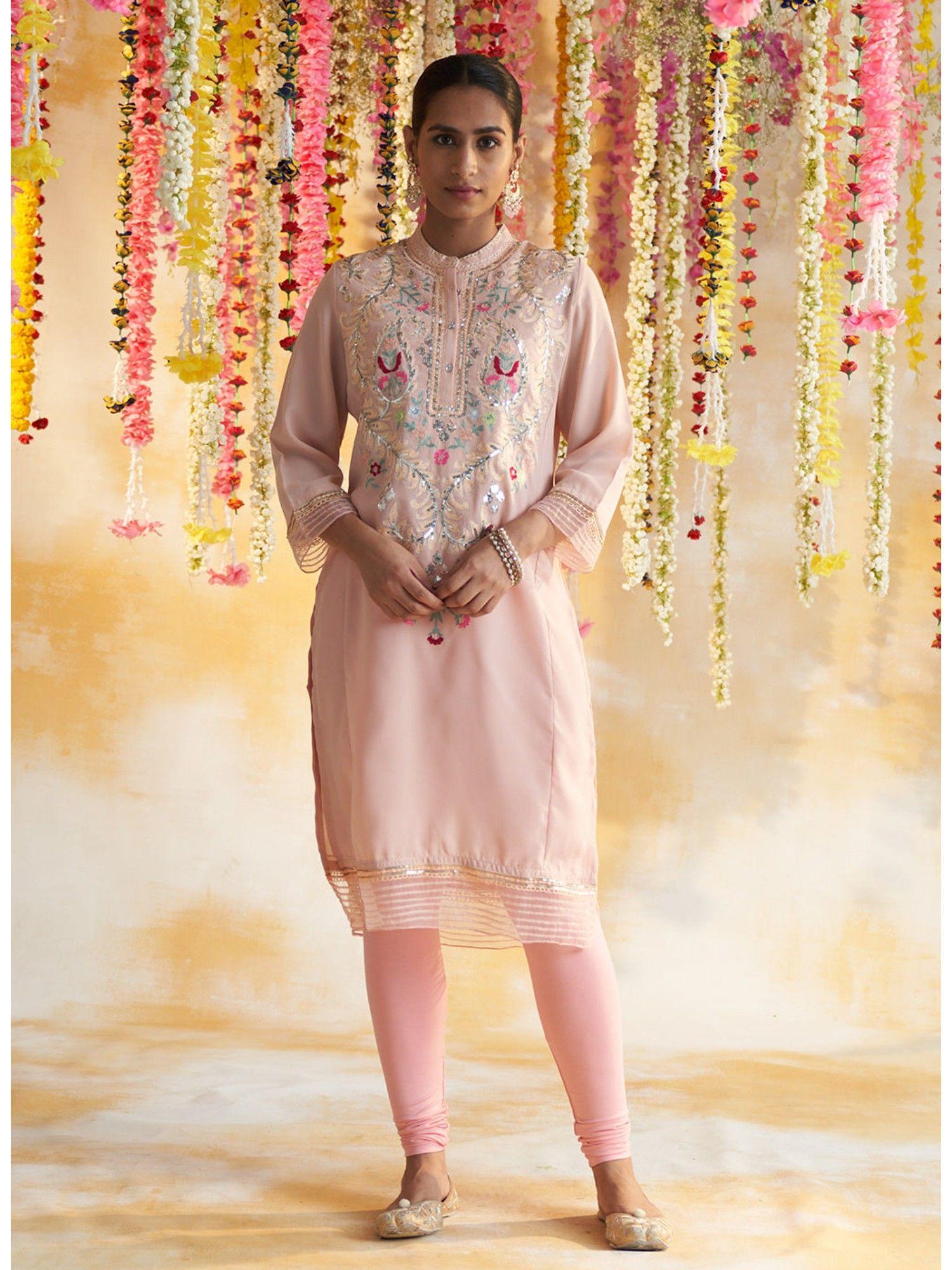 pearl peach kurta with embroidery